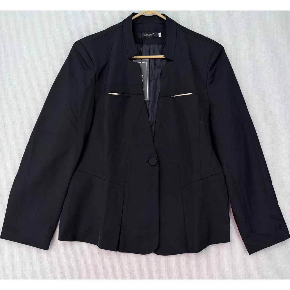 Yunclos Black Blazer Jacket Cutout Neck Gold Bar Accents Size XL NWT